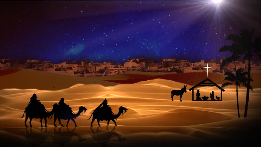 Joseph And Mary On Donkey Silhouette Following Christmas Star In Night Sky To Bethlehem. Stock