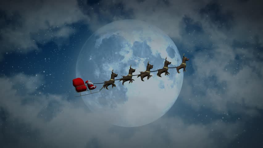 Flying Santa Sleigh By Reindeer At Night Moon Closeup Stock Footage