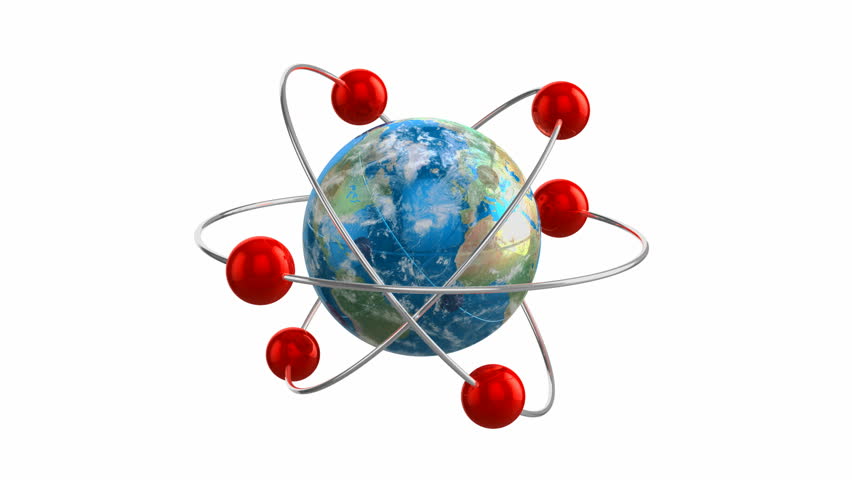 Global communication technology and internet telecommunication services business concept: rotating chemical atom model from Earth globe planet with world map isolated on white with alpha channel mask - HD stock footage clip