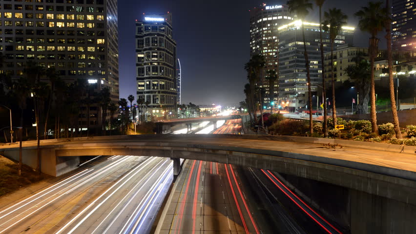 4K Night Cityscape Time Lapse Of Freeway Traffic In Downtown Los