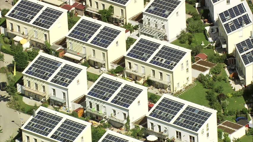 Houses With Solar Power Panels In Germany Estate With Solar Panels On Roofs Of Houses In