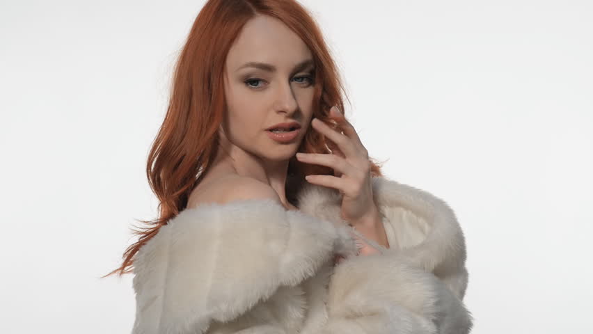 Hot softcore porn Redhead in white fur