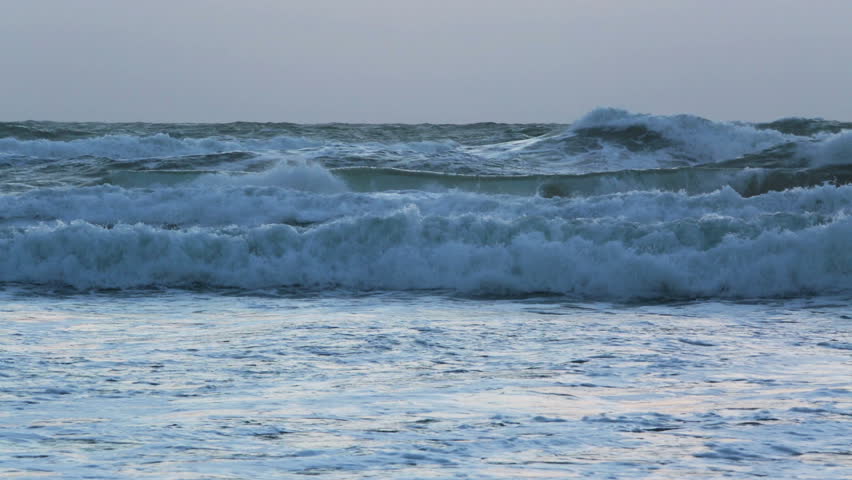Sunset Storm Waves Crashing During Windy Evening On Atlantic Ocean