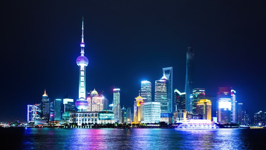 Beautiful Shanghai Pudong Skyline At Night. Time Lapse. High Quality 