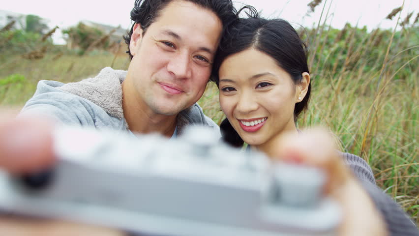 Attractive Young Asian Chinese Couple Head Shoulders Smiling Having Fun