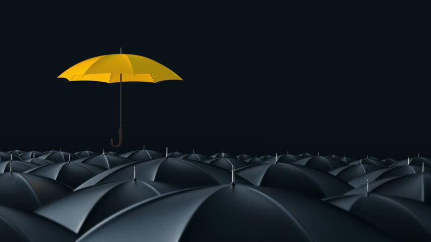 blue umbrella open and standing out from crowd mass grey blue umbrella open and standing out from crowd mass grey