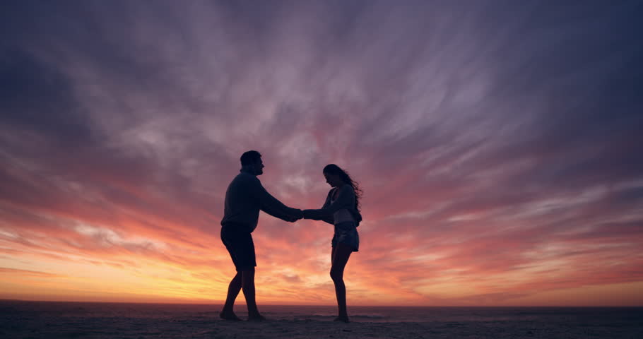 Happy Couple Dancing On Beach Enjoying Honeymoon In Nature At Sunset ...