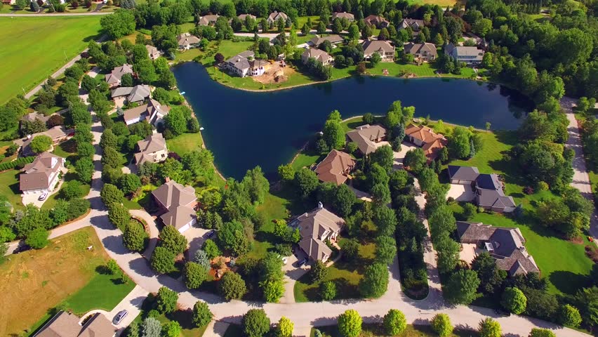 Affluent Rural Neighborhood With Woods And Lakes, Aerial View. Stock ...