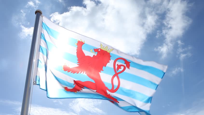 Red Lion Non Official Flag Of Luxembourg Waving In The Wind, Back Light ...