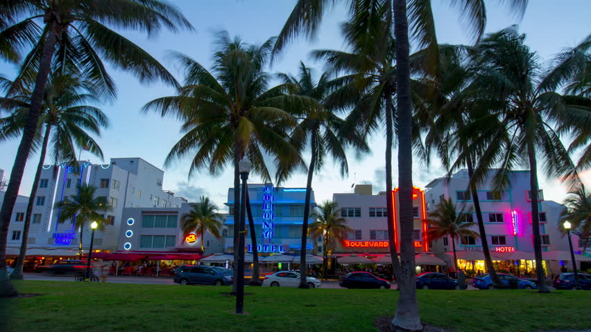 MIAMI, USA - MAY 2015: Summer Dusk South Beach Ocean Drive View 4k Time ...