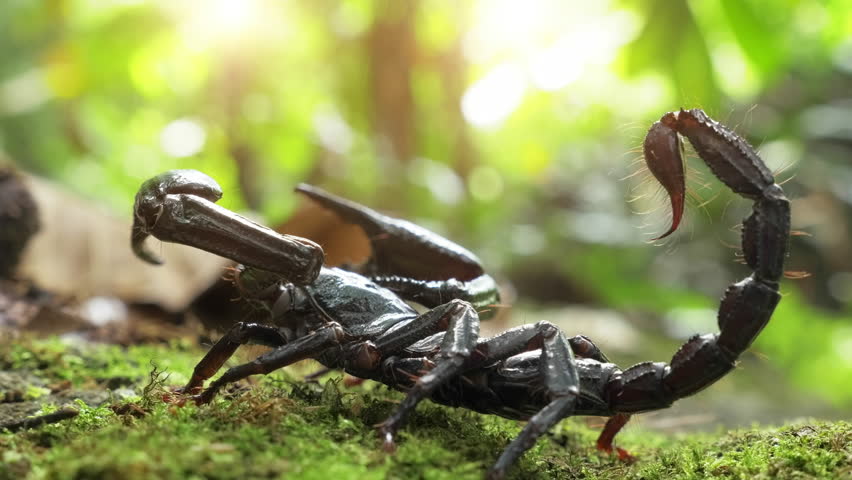 Close Up Macro View Of Giant Forest Scorpion With Big Black Claws And ...