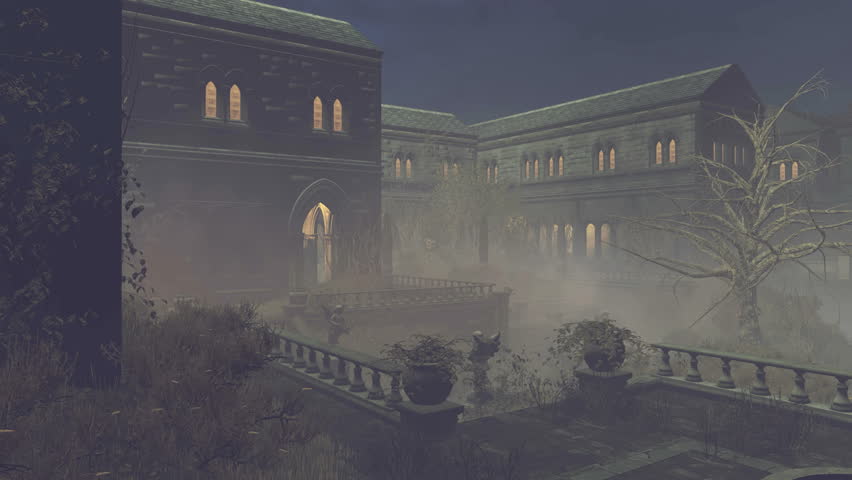 Camera Flies Through A Desolate Courtyard Of The Scary Mystical Mansion ...