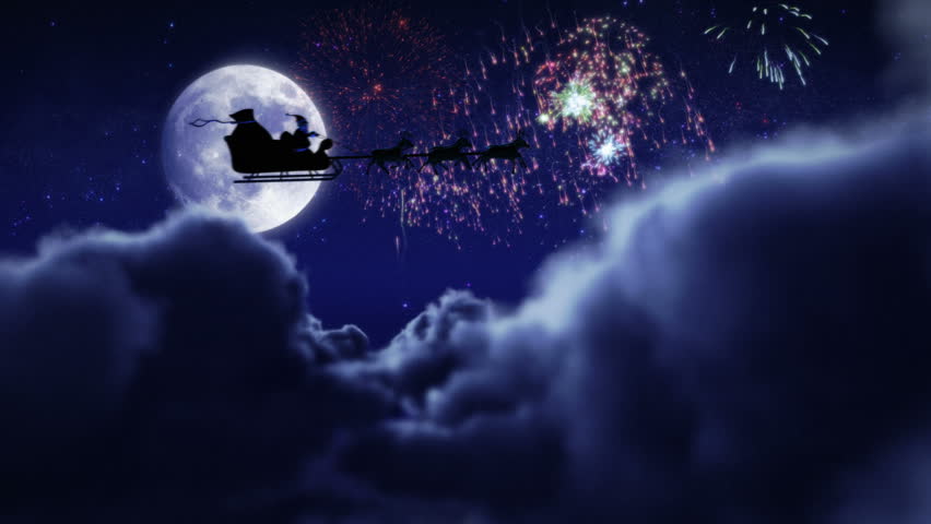 Christmas Santa Sleigh Motion Background 4k Free Hd Video Clips Santa Flying With Fireworks Over Full Moon 2 Videos In 1 File