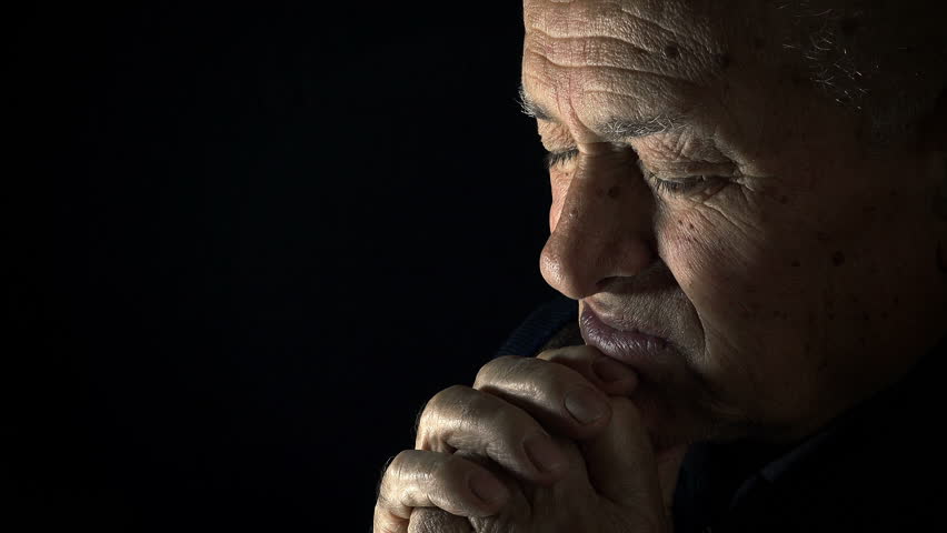 Desperate Old Man Praying Alone In The Darkness: Searching For God ...