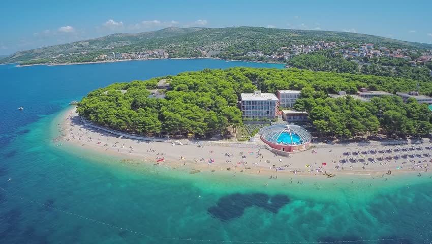 Aerial Shot Of Primosten Peninsula With Famous Beach. Stock Footage ...