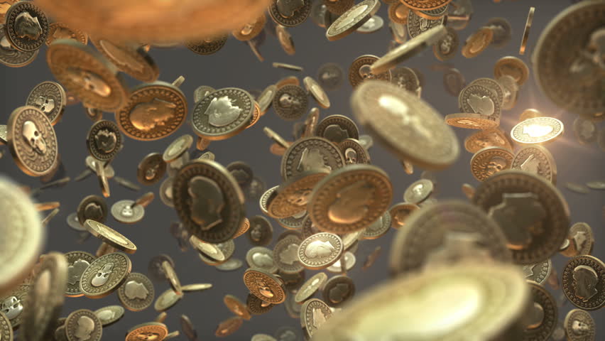 Rain Of Gold Coins. Coins Fall From The Heaven. 3D Generated Background ...