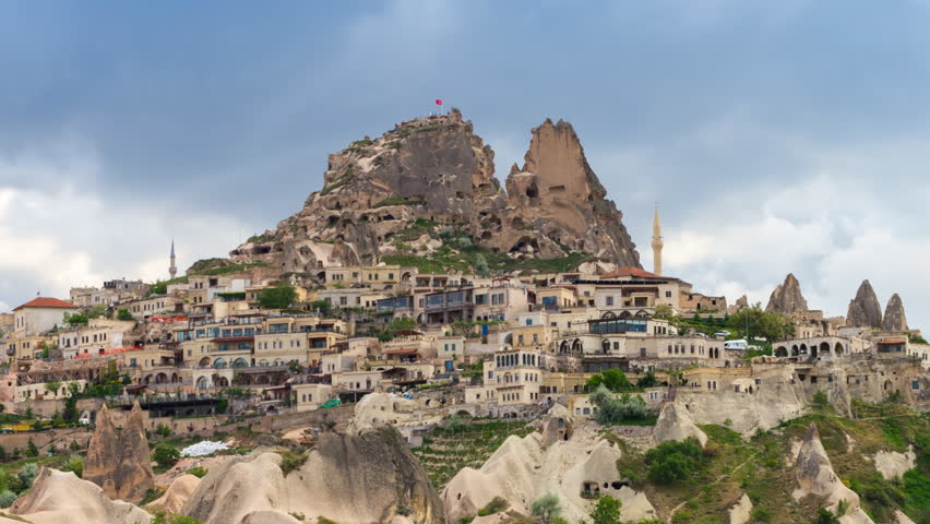 Timelapse View Of Uchisar Castle Cave Houses. Cappadocia, Turkey. Stock ...