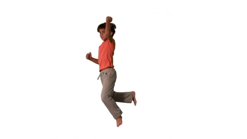 Side View Of Boy Jumping Up And Down On White Background In Slow Motion ...