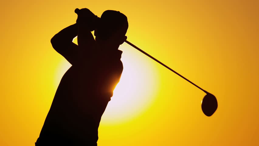 Male Caucasian Golfer In Sunset Silhouette Enjoying Vacation Luxury ...