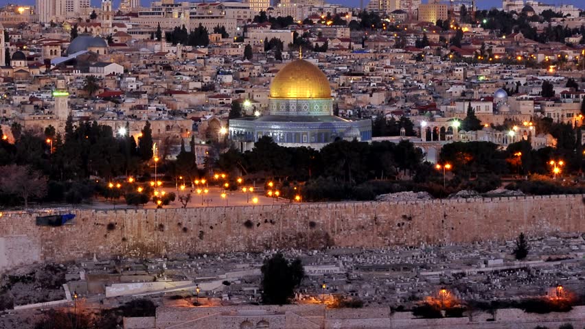 Skyline Of Jerusalem Israel Dome Of The Rock At Night Time Lapse Pan ...