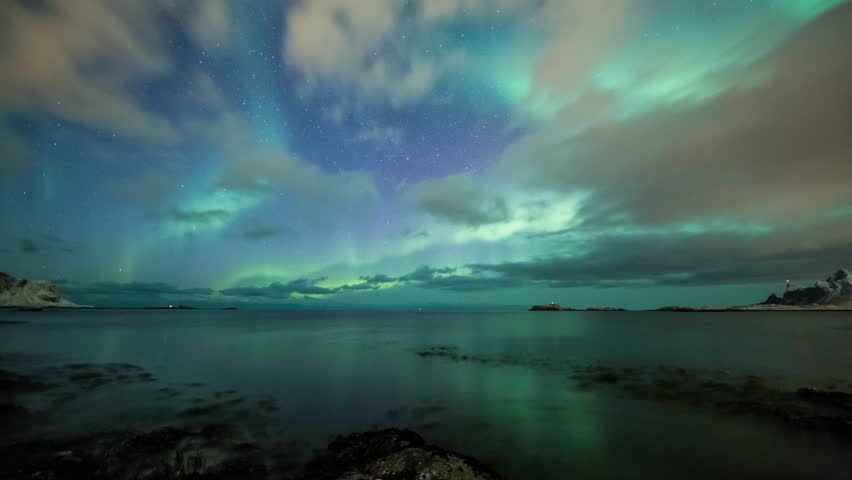 Northern Lights (Aurora Borealis) In Norway Over A Beach Stock Footage ...