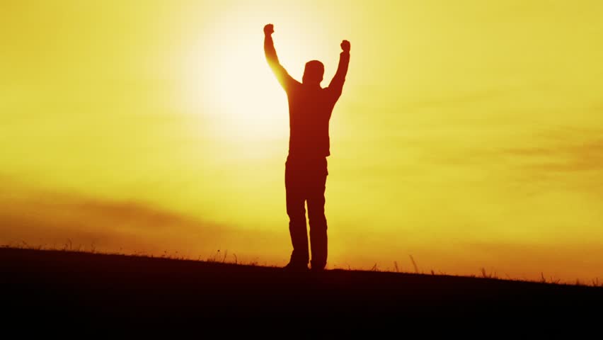 Worship Pose Colorful Silhouette Of Man On Mountain Peak Raising Arms ...