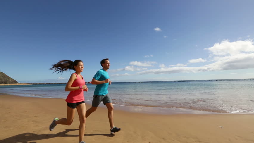 Running Cheering Celebrating Fitness Beach Couple Happy, Excited And ...