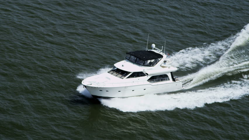 Aerial View Fast Motor Cruiser Ocean Cruising - Aerial Close Up View Of ...