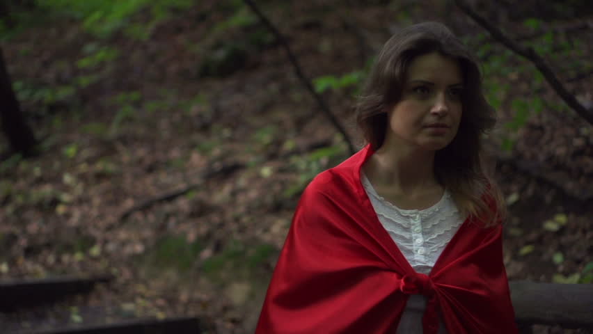 Mysterious Woman In Red Cape In Forest, Super Slow Motion, 240fps Stock ...