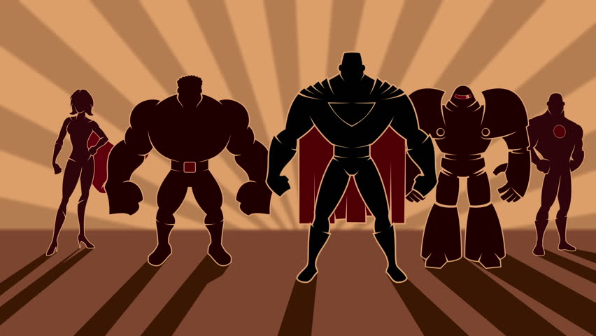 Superhero Team: Looping Animation Of Team Of Superheroes Posing. Stock ...