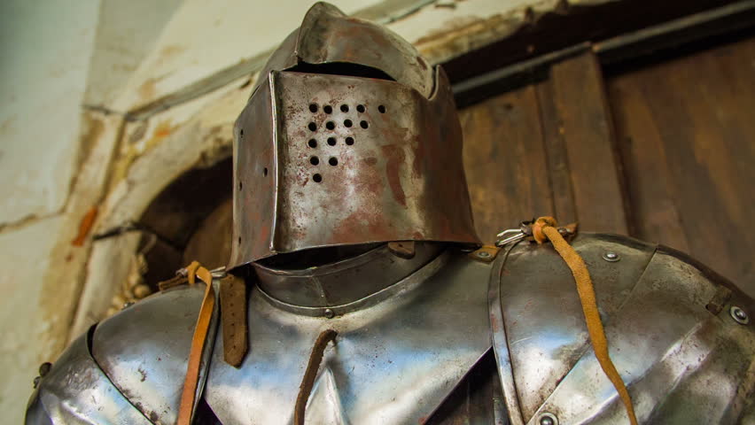 Metal Armour Helmet On The Stand . On This Close-up RAW Footage Is ...