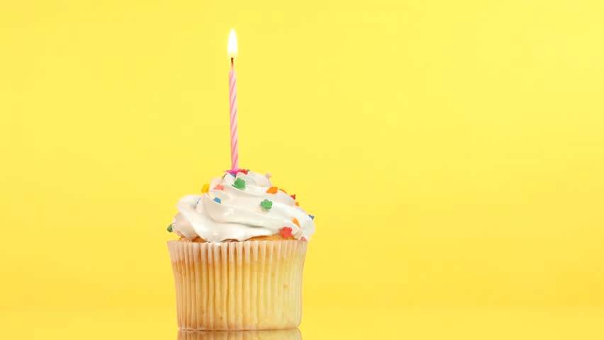 Tasty Birthday Cupcake With One Candle, On Yellow Background. Stock ...